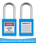 Blue LOTO Locks Set Five Pack With Keyed Different Locks, showing front and back, labels for electrical lockout tagout kits.