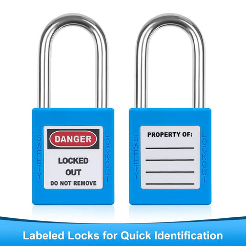 Blue LOTO Locks Set Five Pack With Keyed Different Locks, showing front and back, labels for electrical lockout tagout kits.