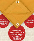 Close-up of 10 X 12 Tan Canvas Tarp With 12 Oz Heavy Duty Water Resistant Polyester, showing grommets and stitched seams.