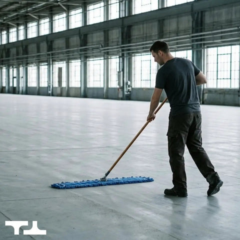 No Sweat Heavy Duty Commercial Floor Sweeper With A Slick Forty Eight Inch Reusable Washable Dust Mop Head and Sturdy Wooden Handle for Quick Hardwood Tile Laminate Floors In Bold Blue in use on a large floor.
