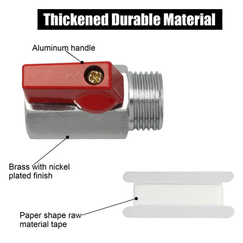 Brass Mini Ball Valve One Half Inch With PTFE Tape Included NPT Male And Female Shut Off Valves For RV And Trailer Life Hot Water Drain And Water Heater Maintenance Red Built To Last Rust Resistant material details.