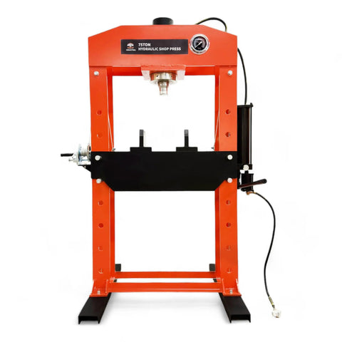 Heavy Duty 75 Ton Hydraulic Shop Press With Air Assist And Dual Pistons for gear pressing and metal bending, front view.