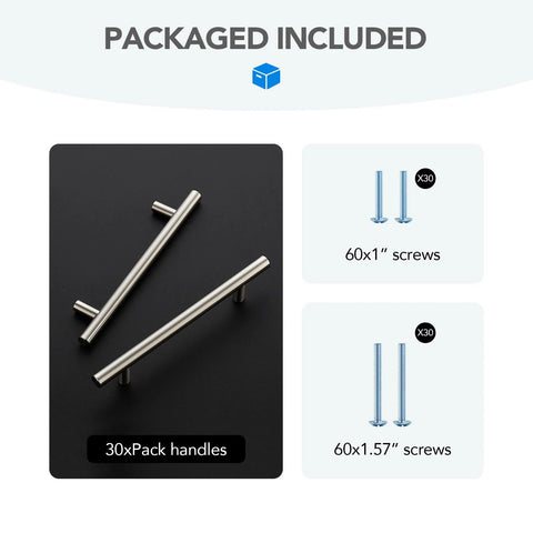 Brushed Nickel Cabinet Handles 5 Inch Hole Spacing Stainless Steel Drawer Pulls package with 30 handles and screws