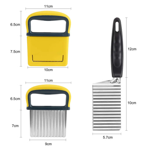Two-piece yellow-handled crinkle cutter set with stainless steel blades for potato, carrot, and vegetable slicing.