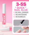 Ultra Fast Nail Glue For Acrylics And Press Ons, Super Strong Adhesive That Lasts 2 To 4 Weeks displayed with application images