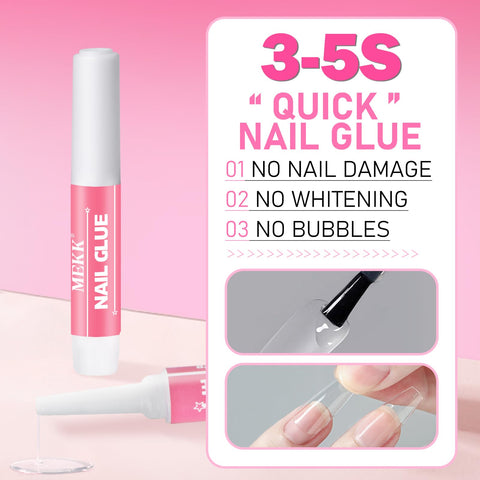 Ultra Fast Nail Glue For Acrylics And Press Ons, Super Strong Adhesive That Lasts 2 To 4 Weeks displayed with application images