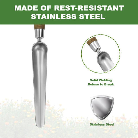 Top view of Grab And Go Narrow Garden Trowel For Transplanting And Weeding Stainless Steel Widger with solid welding details.