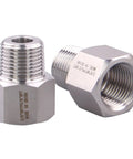 Heavy Duty Beefy Forged Reducer Adapter Fitting 304 Stainless Steel NPT 3/8 Female To 3/8 Male Pipe Connector High Pressure Rated Up To 2320 Psi Corrosion Resistant And Heat Tolerant From -50 C To 200 C Pack Of 2, two stainless steel adapters