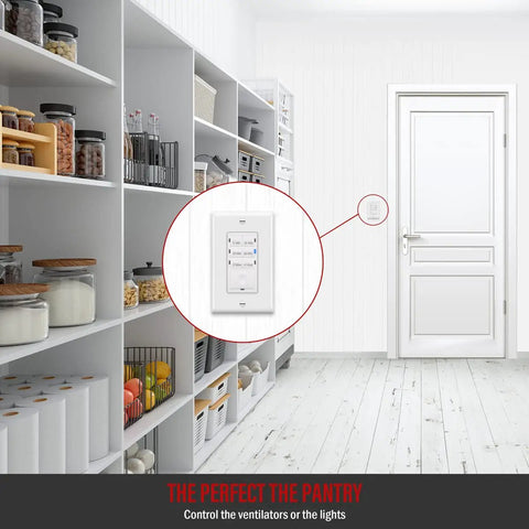 Smart Countdown Timer Switch For Bathroom Exhaust Fans And Lights Preset From 5 Minutes To 4 Hours Night Light LED Indicator installed in pantry.