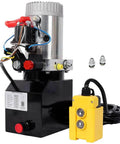 Heavy Duty 12V DC Hydraulic Power Unit With Double Acting Motor and 3 Quart Steel Reservoir, featuring a motor and control switch.