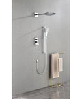 Wall Mounted Waterfall Rain Shower System with 3 Body Sprays & Handheld on a gray wall, featuring chrome finish and towel holder.