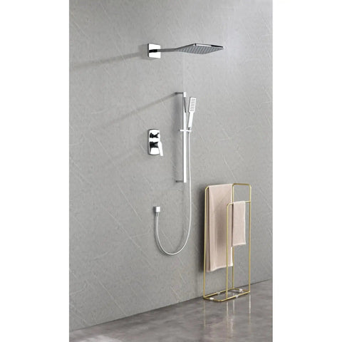 Wall Mounted Waterfall Rain Shower System with 3 Body Sprays & Handheld on a gray wall, featuring chrome finish and towel holder.