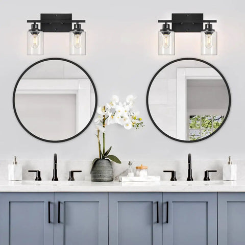 Modern Black Vanity Light With Clear Glass Shade, 2 Light Dimmable Wall Mount Fixture For Bathroom shown above double mirrors