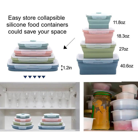 Indigo Collapsible Silicone Food Storage Container Set Of 8 BPA Free Microwave Safe Freezer Safe Dishwasher Safe Stackable