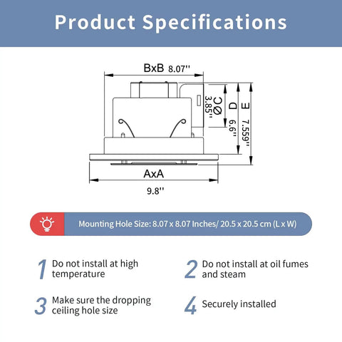 Quiet Square Ceiling Mount Bathroom Exhaust Fan With LED Light, 110 CFM, 1.0 Sones, 4 Inch Duct, 110V, Dope Airflow For Shower Restroom And Office, Low Noise Ventilation