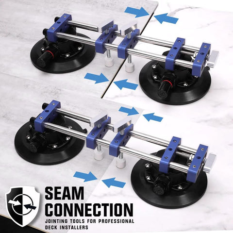 Seamless Seam Setter 2-pack with blue clamps and 7-inch vacuum suction cups for countertop seam joining and leveling.