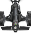 M7 Remote Electric Golf Caddy with hands free remote control, all terrain ready, close-up of wheels and base, black finish