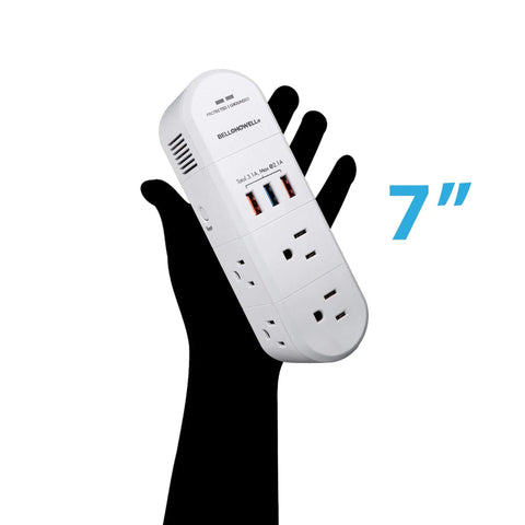 Swivel Power Charging Station With Surge Protection held in hand, showcasing six outlets and three USB ports, 7-inch size.
