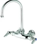 Double Pantry Wall Mount Faucet With Swivel Gooseneck And Lever Handles, Three And Three Eighths Inch Centers, brass finish