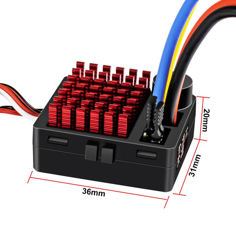 Waterproof 60A Brushed ESC for One Tenth Scale RC Crawlers and Trucks With T Plug Switch Mode BEC wet condition ready, dimensions shown