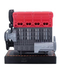Side view of L4 Inline Four Engine Model Kit that runs, dope mini car motor, 3D printed mechanical engine, with red and gray parts.
