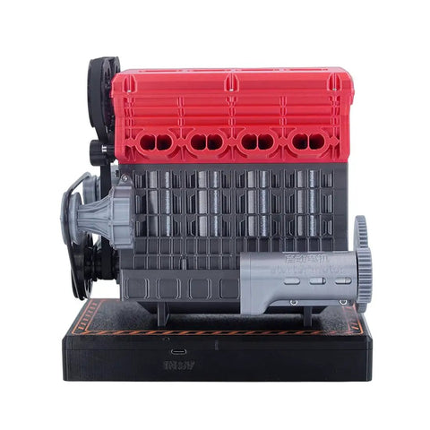 Side view of L4 Inline Four Engine Model Kit that runs, dope mini car motor, 3D printed mechanical engine, with red and gray parts.