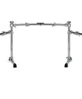 Curved Three Sided Drum Rack With Four Heavy Duty T Legs And Straight Up Secure Multi Clamp Mounts For Killer Pro Gig Rig Setup with chrome finish.