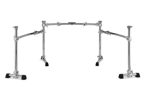 Curved Three Sided Drum Rack With Four Heavy Duty T Legs And Straight Up Secure Multi Clamp Mounts For Killer Pro Gig Rig Setup with chrome finish.