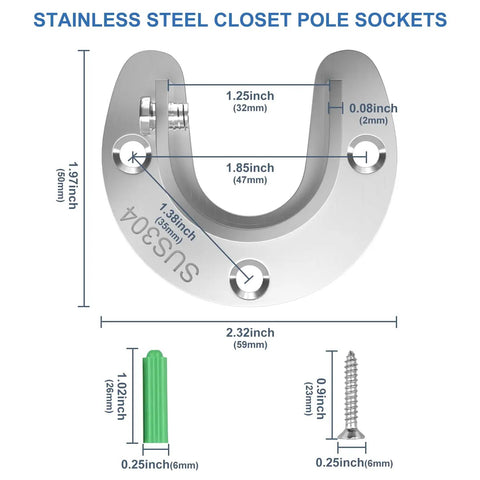 Tough As Nails Six Pack Stainless Steel Closet Rod Brackets U Shaped Heavy Duty flange socket dimensions with screws and anchors.