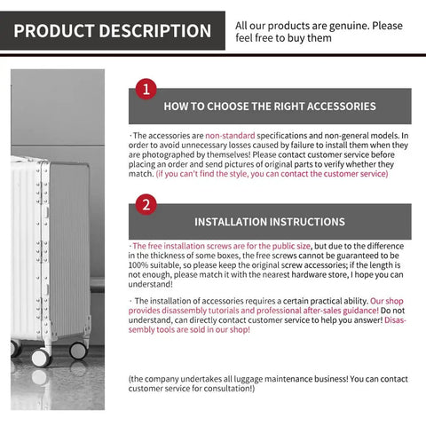 Product description for No Drama Hassle Free Universal Luggage Replacement Wheels With Silent Heavy Duty Rubber Casters.