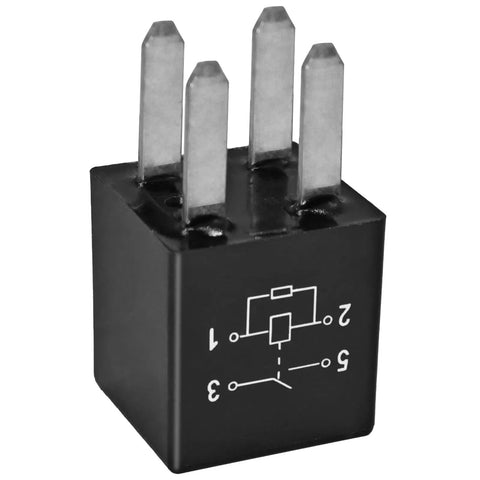 Close-up of Ultra Micro ISO Automotive Relay Pack Of 4 12V DC 20A 4 Pin showing plug-in terminals and schematic diagram.