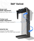 Adjustable Under Desk PC Mount And Wall CPU Rack With Full 360 Rotation features screw lock and friction lock for secure adjustments.