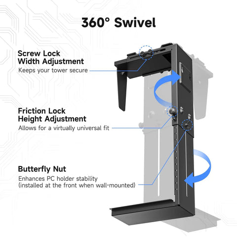 Adjustable Under Desk PC Mount And Wall CPU Rack With Full 360 Rotation features screw lock and friction lock for secure adjustments.