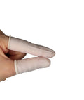 Hand wearing two disposable latex finger cots from 350 pcs medium anti static rubber fingertip protectors