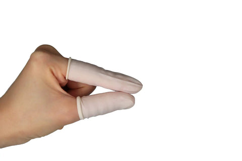 Hand wearing two disposable latex finger cots from 350 pcs medium anti static rubber fingertip protectors