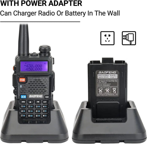 Dual Band Long Range Handheld Ham Radio Kit with 1800mAh Rechargeable Battery on charging dock with display