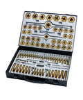 Essential Garage Workshop Threading Repair Kit boasting 86 Piece Tap And Die Set With Heavy Steel Build Includes Tap Handles Die Holders Plus Portable Metal Case For Serious SAE Metric Job Fixes, open case