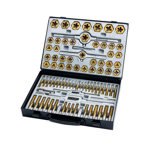 Essential Garage Workshop Threading Repair Kit boasting 86 Piece Tap And Die Set With Heavy Steel Build Includes Tap Handles Die Holders Plus Portable Metal Case For Serious SAE Metric Job Fixes, open case