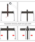 Two Jaw Gear Puller Adjustable Bearing Puller CRV Steel Heavy Duty showing adjustable clamping and grip functionality.