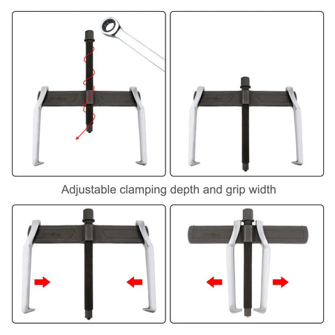 Two Jaw Gear Puller Adjustable Bearing Puller CRV Steel Heavy Duty showing adjustable clamping and grip functionality.