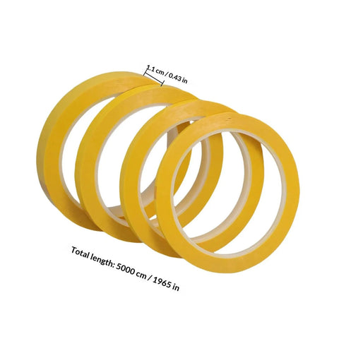 Four Pack Yellow Heat Resistant Paper Tape featuring a dang tough hold, 1.1 cm wide, ideal for cable organizing and project labeling.