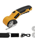 Cordless Electric Scissors With Led Light And Safety Lock Cuts Cardboard Fabric Carpet Plastic And Leather Without One Bit Of Drama, yellow handheld tool.