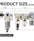 Dimensions of Air Pressure Regulator 1/4 NPT With Double Air Filter Water Separator And Dryer Auto Drain Plus Manual Drain 0-150 PSI Regulation 18 SCFM Flow Built For Home Shops And Pro Garages shown with measurements