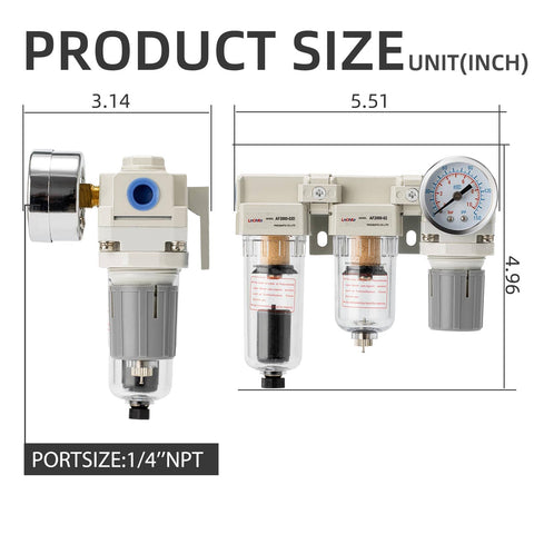 Dimensions of Air Pressure Regulator 1/4 NPT With Double Air Filter Water Separator And Dryer Auto Drain Plus Manual Drain 0-150 PSI Regulation 18 SCFM Flow Built For Home Shops And Pro Garages shown with measurements