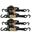 Auto Retractable Ratchet Straps 1 Inch By 6 Feet Beefy Cargo Tie Downs With Snag Free Retraction And Hog Tight Hold For No Nonsense Truck Hauling And Secure Gear Transport 4 Pack close-up view of ratchet straps with hooks.