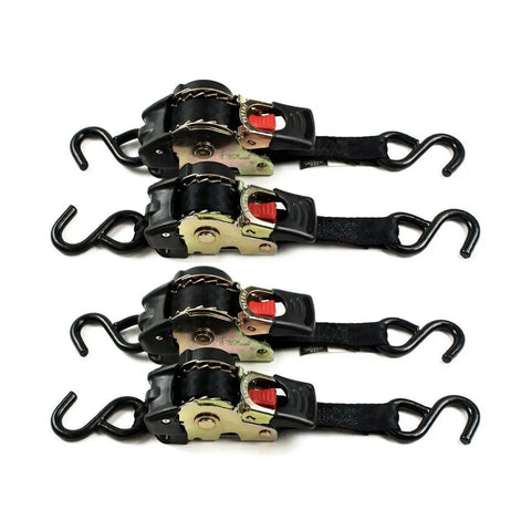 Auto Retractable Ratchet Straps 1 Inch By 6 Feet Beefy Cargo Tie Downs With Snag Free Retraction And Hog Tight Hold For No Nonsense Truck Hauling And Secure Gear Transport 4 Pack close-up view of ratchet straps with hooks.