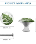 Fern Leaf Cabinet Knobs 2 Pack Round Drawer Pulls For Kitchen Dresser Closet Cupboard Stainless Steel Hardware Easy Install Modern Farmhouse Style Plant Silhouette Design shown with dimensions and screw