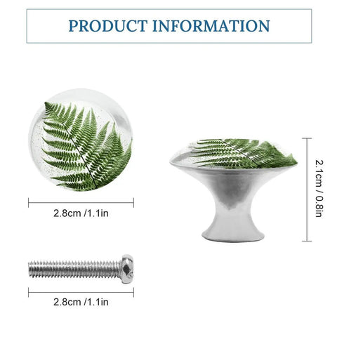 Fern Leaf Cabinet Knobs 2 Pack Round Drawer Pulls For Kitchen Dresser Closet Cupboard Stainless Steel Hardware Easy Install Modern Farmhouse Style Plant Silhouette Design shown with dimensions and screw