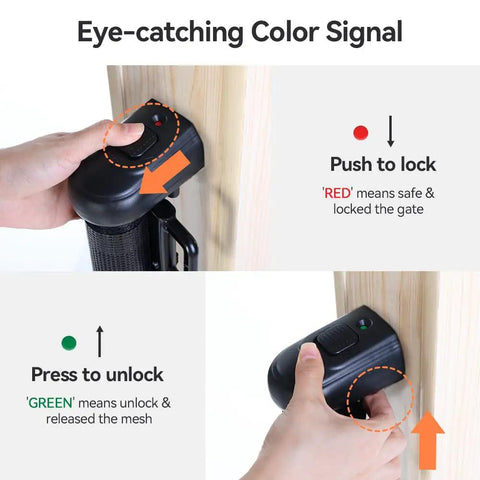 Hand operating one-hand lock on Retractable Baby Gate for Stairs and Doorways, 0-71 Inch Adjustable Mesh Gate, 33 Inch Tall, Black