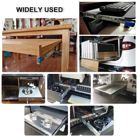 Built Tough Full Extension Ball Bearing Drawer Slides With Dead Bolt Lock And Silky Smooth Glide Silver cabinet runners used in various applications.